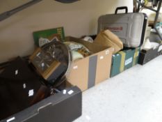 Four crates of various china, glass and metalware including EPNS galleried tray, video recorder,