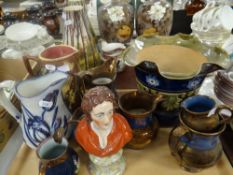 Doulton Lambeth planter, lustre jugs, Staffordshire twin-handled vases ETC
