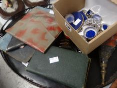 A metal Pontypool-style decorated galleried tray, cased manicure set, small bellows ETC