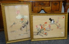 Two gilt framed Oriental silk embroidered panels, 57 x 37cms