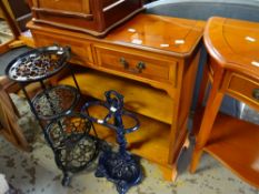 A parcel of mixed furniture including modern yew effect items, painted metal planter stand, umbrella