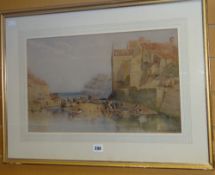 WILLIAM CHARLES GODDARD watercolour - historic Yorkshire harbour with figures and boats, entitled '