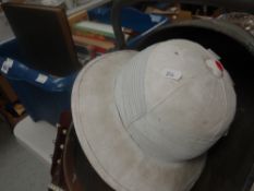 Copper coal scuttle, vintage Colonial pith helmet, parcel of books ETC