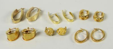 Six various pairs of modern yellow gold earrings, all marked 375, 22gms Please note: no condition