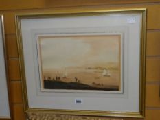 WILLIAM PAYNE (1760-1830) watercolour - busy beach scene with figures and sail-boats, unsigned,