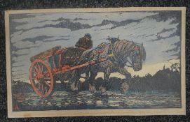 'MACKEY' HAYDN REYNOLDS MACKEY (1883-1979) colour woodcut - entitled 'Homeward Plods His Weary Way',
