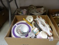 Two boxes of mixed china including Royal Albert 'Old Country Roses' wall clock, Spode collector's