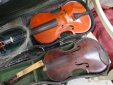 A modern cased Chinese violin and bow together with another cased violin and bow (distressed)