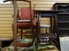 A two-tier square top mahogany occasional table, a suit stand, two chairs and a cushion stool with