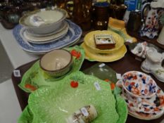 A parcel of copper lustre pottery together with Staffordshire platters and a tray of Carltonware and