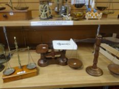 A set of turned wood balance scales, set of scales with ceramic dish and a set of balance scales