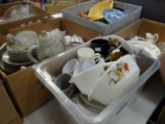 Seven containers of mixed china and pottery including teaware, dinnerware, glassware, suitcase and a