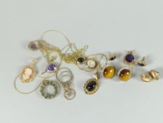 A parcel of mixed 9ct yellow gold modern jewellery including earrings, cameo pendants ETC, approx