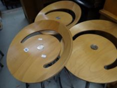 Set of three modern chrome and wood seated bar / breakfast stools by Lyra