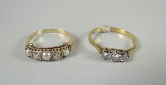 An 18ct yellow gold three stone diamond ring together with an 18ct yellow gold diamond and pearl