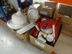Two boxes of mixed china including mugs, large soup tureen, place-mats ETC