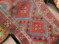 Mainly blue & red ground Meshwani runner, 250 x 55cms