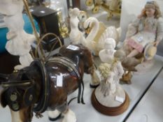 A group of mixed ornaments and figures including Parian model of a seated girl, Melbaware pottery