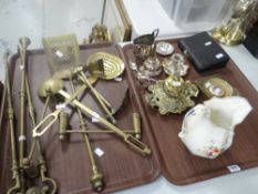 A good antique brass decorative lidded inkwell, an antique floral painted jug, a cased part set