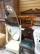 Vintage painted cheval mirror together with a carved back hall chair and reproduction walnut side