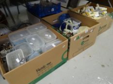 Five boxes of various light fitting accessories, chandelier drops, cable ETC