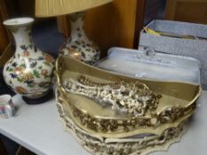 A pair of gilt wood wall shelves together with another and a pair of Oriental baluster vases /