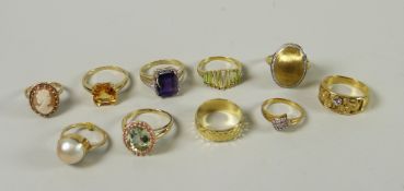 Ten various modern rings including QVC, gemstone set, all believed to be hallmarked for 9ct, 41gms
