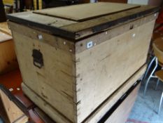 A large vintage stripped pine chest with carry handles and metal banded top, 60cms high x 94cms