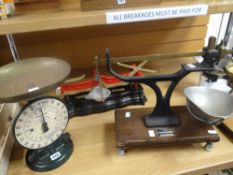 A set of Salter Silver & Copper Checker vintage scales, set of Avery provision scales and a