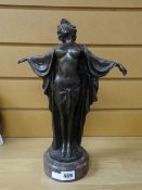 After B C Zheng bronze study of a semi-robed lady standing over a mottled marble base, 35cms high