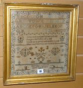 A good early nineteenth century alphabetical, numerical and pictorial needlework sampler by 'Harriot