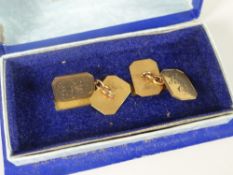 Pair of 9ct gold gents engraved cuff links in associated box, 5.5grams approx.