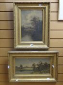 C W OSWALD oil on canvas, a pair - English landscapes with ponds, 34 x 23cms & 19 x 39cms (both in
