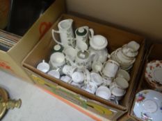 Box of coffee and teaware including Taylor & Kent 'Greensleeves', Royal Kent 'Golden Glory'