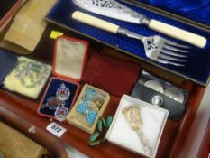A tray of mixed items of jewellery and coinage ETC including three Ogmore Valley School's Athletic