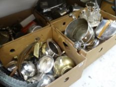 Four boxes of various metalware including large EPNS presentation cup, Piquot-ware teaset and