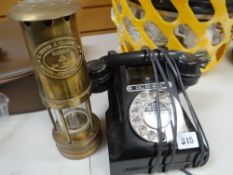 A VINTAGE BLACK TWO-PIECE TELEPHONE, together with a Thomas & Williams Aberdare miner's lamp