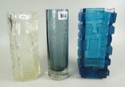 THREE BARK TEXTURED ART GLASS VASES in the manner of Whitefriars, each approximately 22cms high
