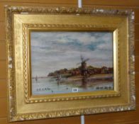 S J THACKER work on canvas - Low Countries scene with windmill, sailboats and village, signed, 33