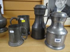 TWO POT-BELLIED LIDDED PEWTER TANKARDS together with two pewter tankards, the tallest pot-bellied