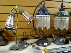 TWO TIFFANY-STYLE BEADED LAMP SHADE TABLE LAMPS together with a lily pad leaf base-style lamp