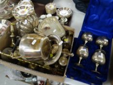 BOX OF VARIOUS METALWARE including EPNS spirit kettle, brass candlesticks etc