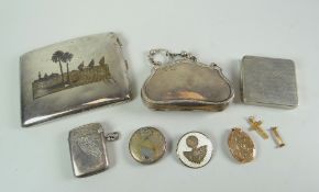 PARCEL OF SILVER/WHITE METAL to include concave cigarette case with niello-type decoration, a