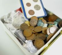 A COMMEMORATIVE TIN OF COINAGE mainly loose pre-decimal coinage, including non-circulated, and