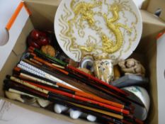 PARCEL OF ORIENTAL ITEMS including carved peach-stone, Satsuma miniature vase, snuff bottle, bone