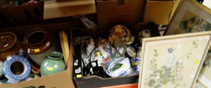 TWO BOXES OF MIXED CHINA including Oriental decorated items, studio pottery and stone glazed jars