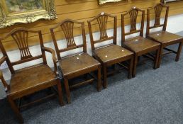 SET OF FIVE (FOUR + ONE) WELSH OAK COUNTRY FARMHOUSE CHAIRS having camel back, H-stretcher and