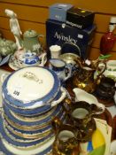 THREE TRAYS OF MIXED CHINA, including Wedgewood jasperware, lustre jugs, Burleighware dinnerware