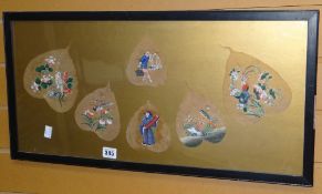 A FRAMED COLLECTION OF SIX LEAVES DECORATED WITH ORIENTAL FIGURES AND BIRDS
