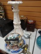 A MINIATURE WOODEN TWO DRAWER LOCKING CABINET, Oriental china wall clock and barometer etc.